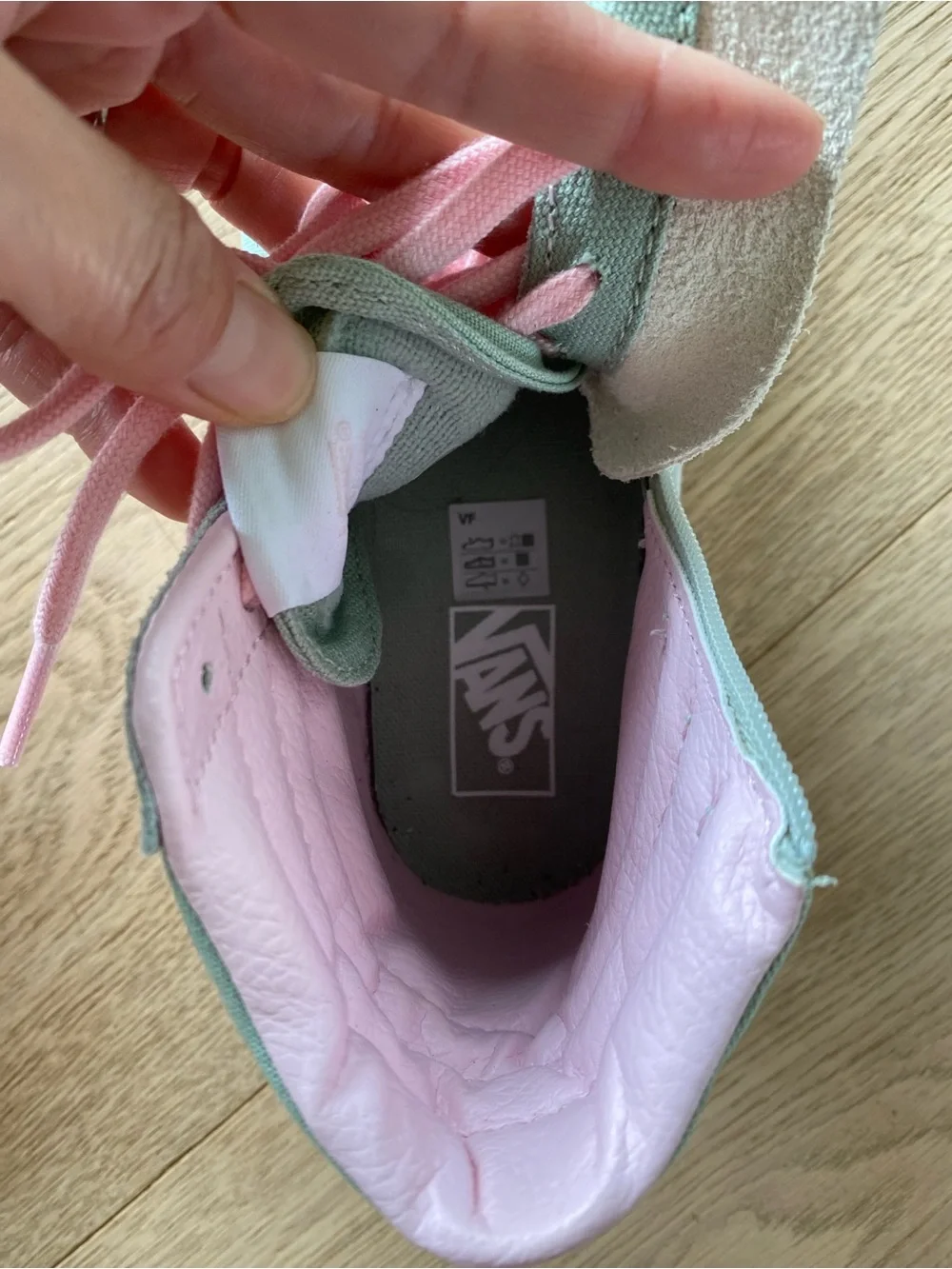 New! Vans Kids Mint Green High-Top Sneakers with Pink Laces and Floral Patches
